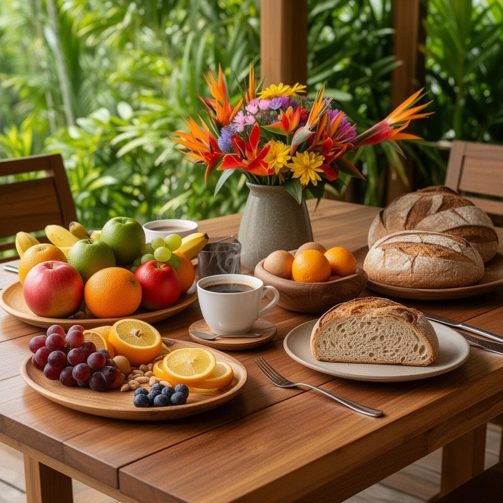 Organic farm-to-table breakfast with tropical fruits and local ingredients