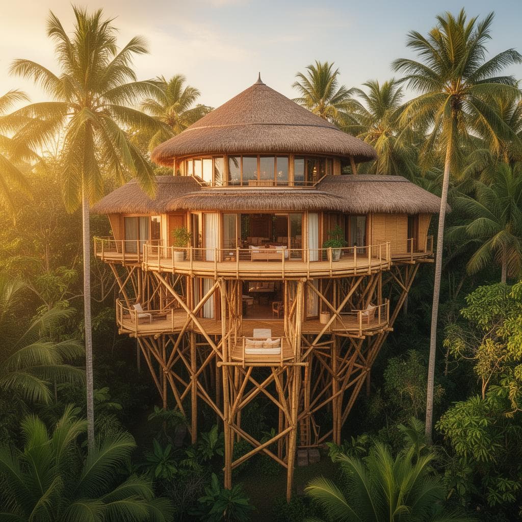 Unique treehouse villa elevated among tropical jungle canopy
