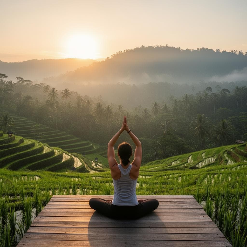 Morning yoga session overlooking Bali rice terraces